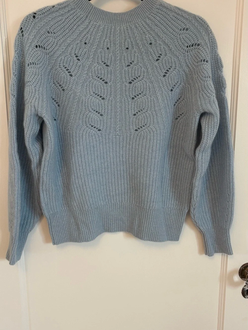 White and Warren lace pointelle sweater baby blue cashmere XS